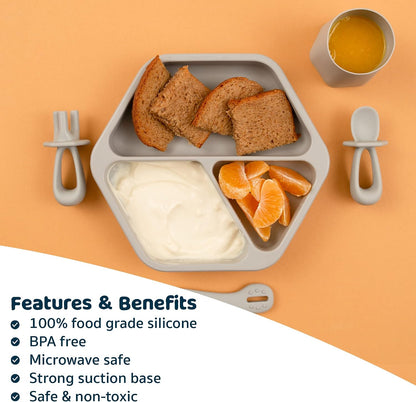 Silicone Suction Baby Plate, Suction Grip Divided Dish for First Foods and Self-Feeding Toddlers, Baby Led Weaning Supplies for Independent Eating (Indigo Plate with Lid)