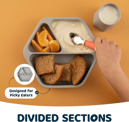 Silicone Suction Baby Plate, Suction Grip Divided Dish for First Foods and Self-Feeding Toddlers, Baby Led Weaning Supplies for Independent Eating (Indigo Plate with Lid)