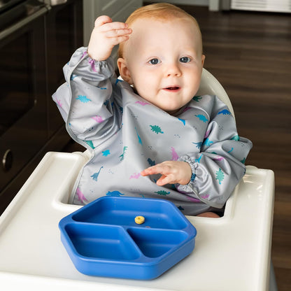 Silicone Suction Baby Plate, Suction Grip Divided Dish for First Foods and Self-Feeding Toddlers, Baby Led Weaning Supplies for Independent Eating (Indigo Plate with Lid)