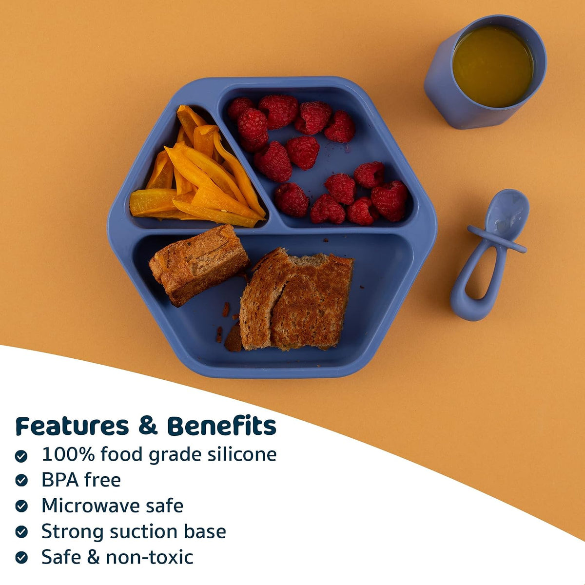 Silicone Suction Baby Plate, Suction Grip Divided Dish for First Foods and Self-Feeding Toddlers, Baby Led Weaning Supplies for Independent Eating (Indigo Plate with Lid)