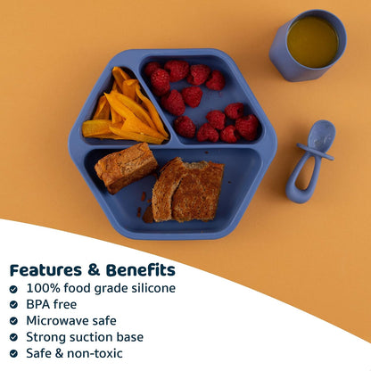 Silicone Suction Baby Plate, Suction Grip Divided Dish for First Foods and Self-Feeding Toddlers, Baby Led Weaning Supplies for Independent Eating (Indigo Plate with Lid)