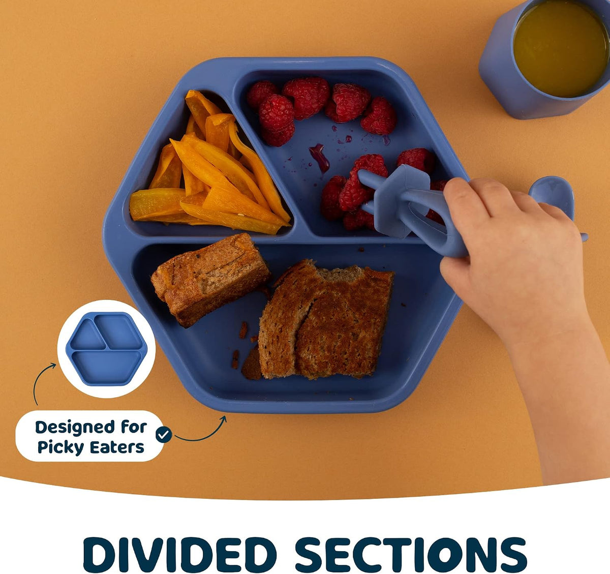 Silicone Suction Baby Plate, Suction Grip Divided Dish for First Foods and Self-Feeding Toddlers, Baby Led Weaning Supplies for Independent Eating (Indigo Plate with Lid)