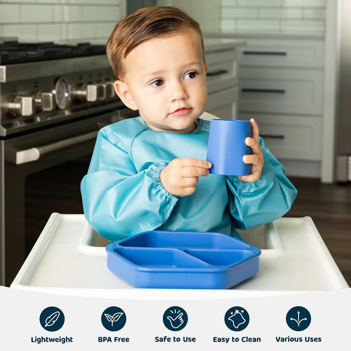 Silicone Suction Baby Plate, Suction Grip Divided Dish for First Foods and Self-Feeding Toddlers, Baby Led Weaning Supplies for Independent Eating (Indigo Plate with Lid)