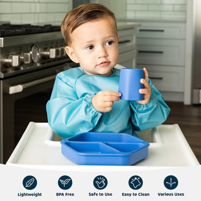 Silicone Suction Baby Plate, Suction Grip Divided Dish for First Foods and Self-Feeding Toddlers, Baby Led Weaning Supplies for Independent Eating (Indigo Plate with Lid)