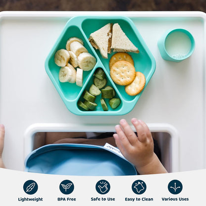 Silicone Suction Baby Plate, Suction Grip Divided Dish for First Foods and Self-Feeding Toddlers, Baby Led Weaning Supplies for Independent Eating (Indigo Plate with Lid)