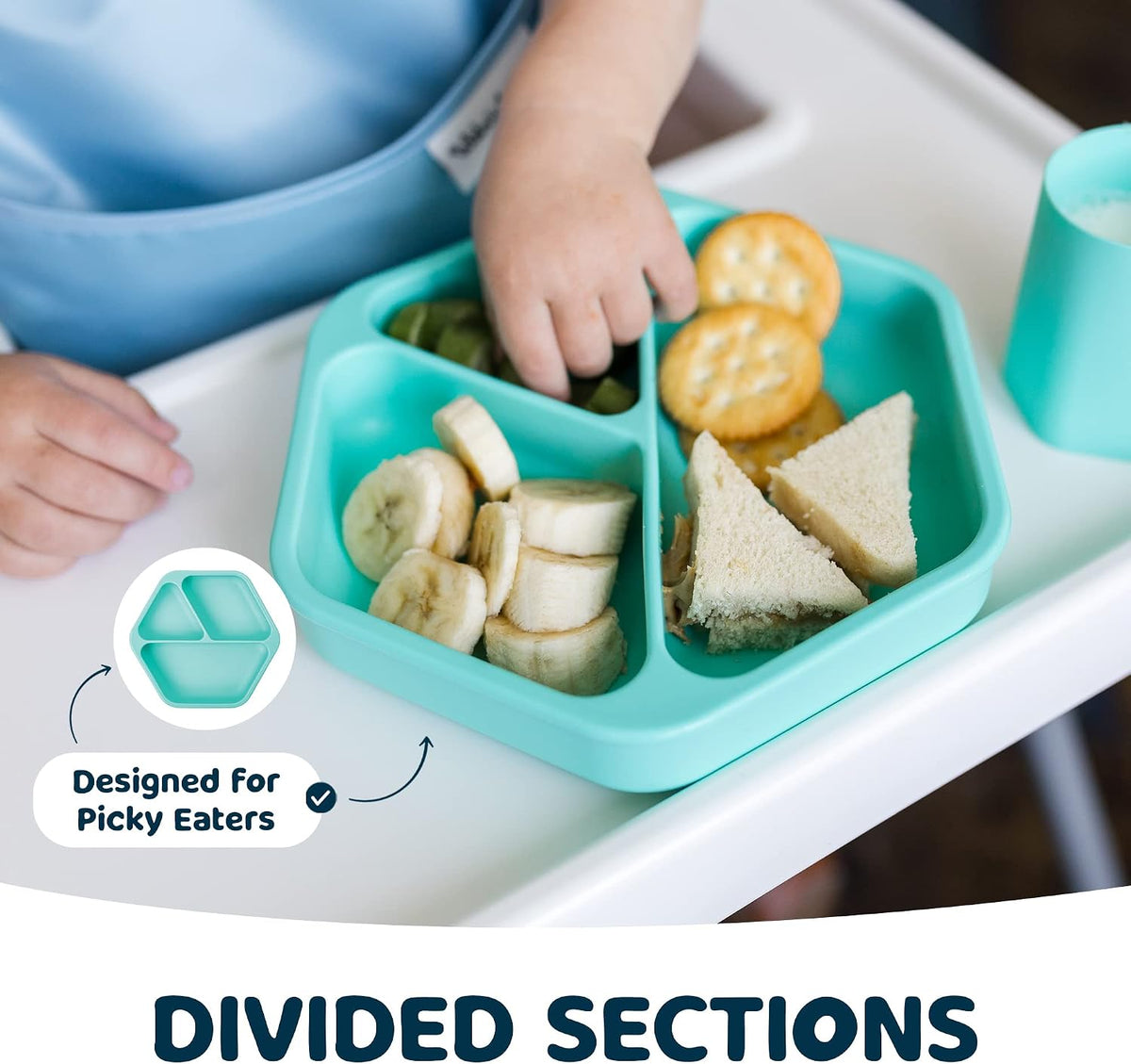 Silicone Suction Baby Plate, Suction Grip Divided Dish for First Foods and Self-Feeding Toddlers, Baby Led Weaning Supplies for Independent Eating (Indigo Plate with Lid)