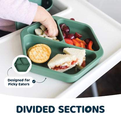 Silicone Suction Baby Plate, Suction Grip Divided Dish for First Foods and Self-Feeding Toddlers, Baby Led Weaning Supplies for Independent Eating (Indigo Plate with Lid)