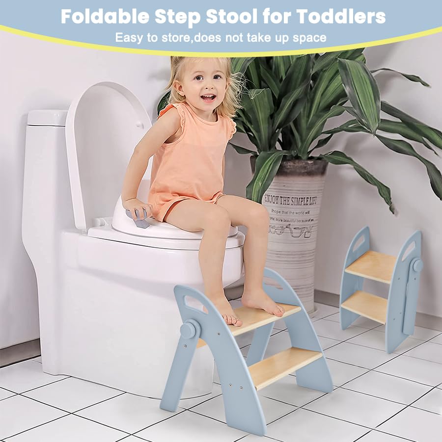 Wooden 2 Step Stool for Toddlers, Foldable 2-Step with Non-Slip Pads and Handles, Bamboo Step Stool for Kids Bathroom Sink and Potty Training, Kitchen Helper, Nursery Bedroom(Blue)