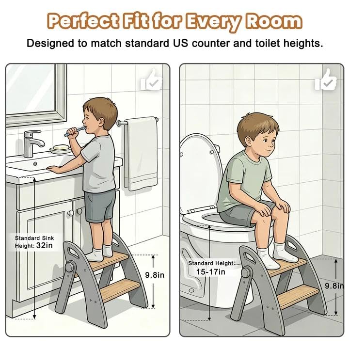 Wooden 2 Step Stool for Toddlers, Foldable 2-Step with Non-Slip Pads and Handles, Bamboo Step Stool for Kids Bathroom Sink and Potty Training, Kitchen Helper, Nursery Bedroom(Blue)