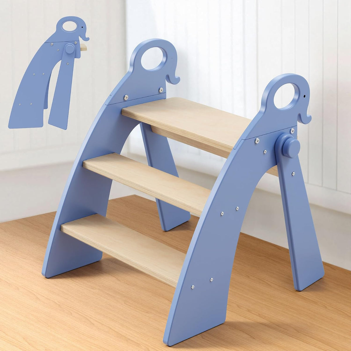 Wooden 2 Step Stool for Toddlers, Foldable 2-Step with Non-Slip Pads and Handles, Bamboo Step Stool for Kids Bathroom Sink and Potty Training, Kitchen Helper, Nursery Bedroom(Blue)