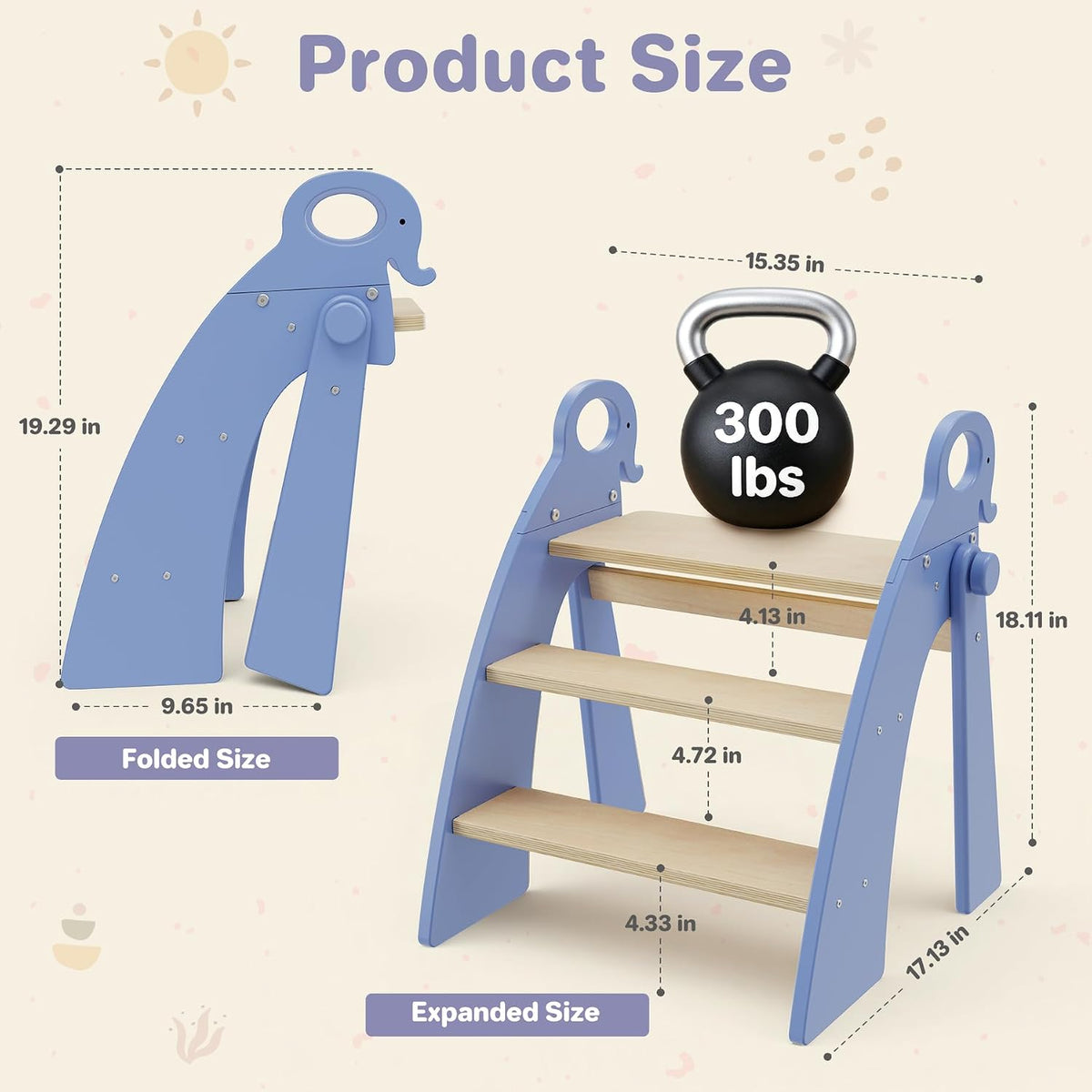 Wooden 2 Step Stool for Toddlers, Foldable 2-Step with Non-Slip Pads and Handles, Bamboo Step Stool for Kids Bathroom Sink and Potty Training, Kitchen Helper, Nursery Bedroom(Blue)