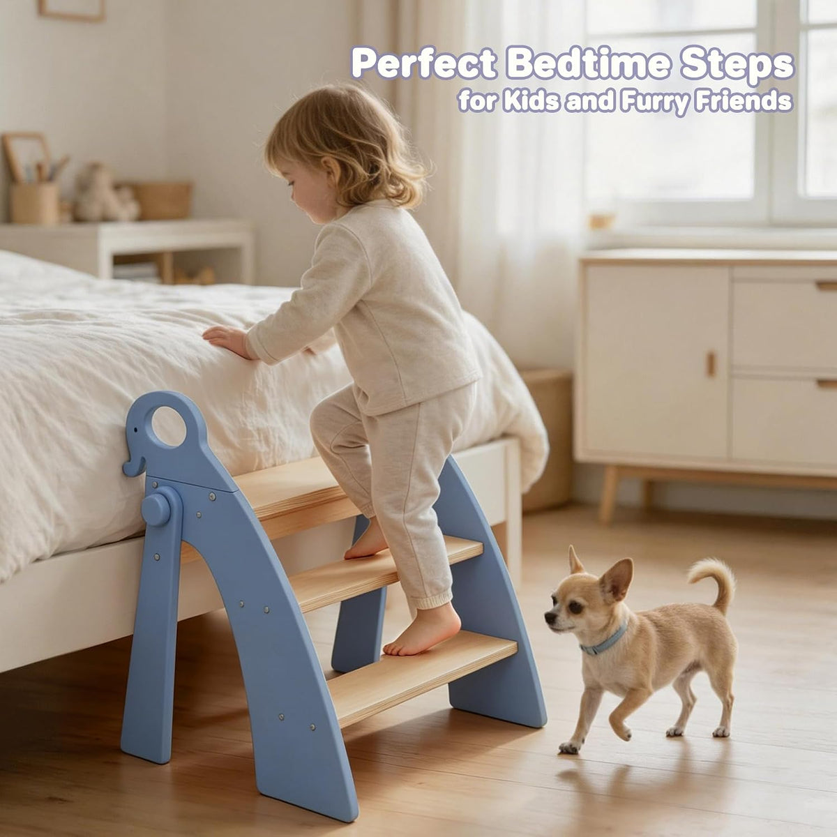 Wooden 2 Step Stool for Toddlers, Foldable 2-Step with Non-Slip Pads and Handles, Bamboo Step Stool for Kids Bathroom Sink and Potty Training, Kitchen Helper, Nursery Bedroom(Blue)