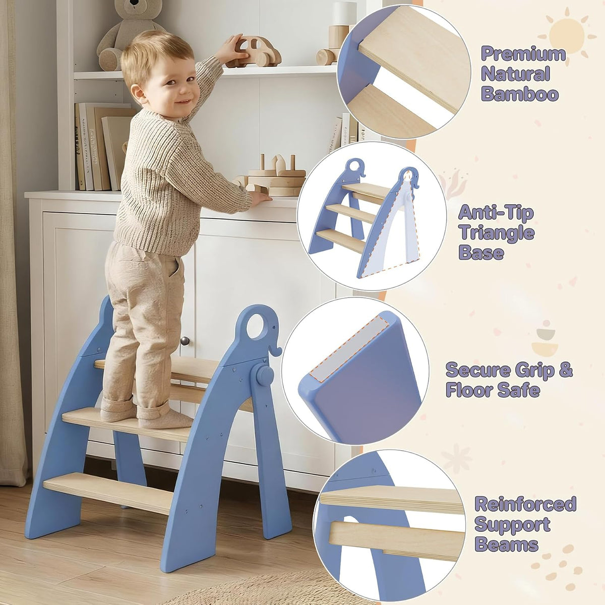 Wooden 2 Step Stool for Toddlers, Foldable 2-Step with Non-Slip Pads and Handles, Bamboo Step Stool for Kids Bathroom Sink and Potty Training, Kitchen Helper, Nursery Bedroom(Blue)