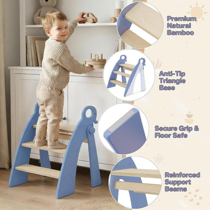 Wooden 2 Step Stool for Toddlers, Foldable 2-Step with Non-Slip Pads and Handles, Bamboo Step Stool for Kids Bathroom Sink and Potty Training, Kitchen Helper, Nursery Bedroom(Blue)