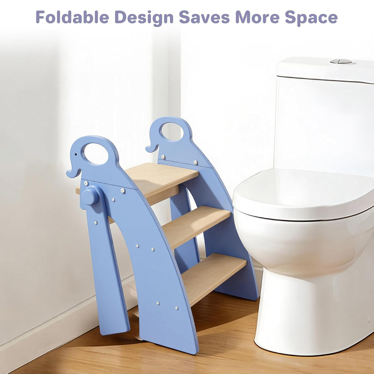 Wooden 2 Step Stool for Toddlers, Foldable 2-Step with Non-Slip Pads and Handles, Bamboo Step Stool for Kids Bathroom Sink and Potty Training, Kitchen Helper, Nursery Bedroom(Blue)