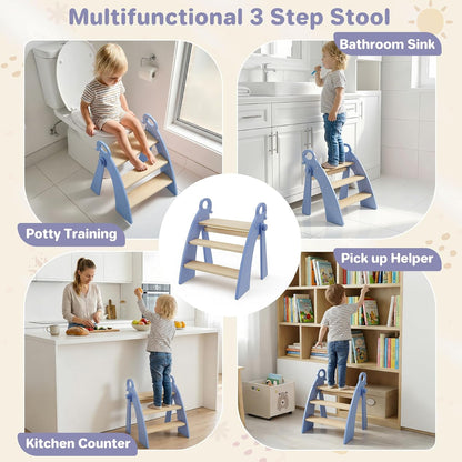 Wooden 2 Step Stool for Toddlers, Foldable 2-Step with Non-Slip Pads and Handles, Bamboo Step Stool for Kids Bathroom Sink and Potty Training, Kitchen Helper, Nursery Bedroom(Blue)