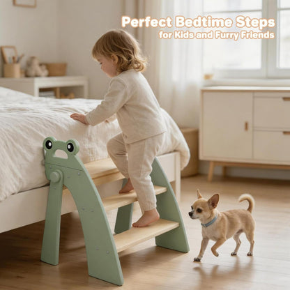 Wooden 2 Step Stool for Toddlers, Foldable 2-Step with Non-Slip Pads and Handles, Bamboo Step Stool for Kids Bathroom Sink and Potty Training, Kitchen Helper, Nursery Bedroom(Blue)