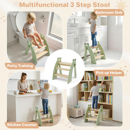 Wooden 2 Step Stool for Toddlers, Foldable 2-Step with Non-Slip Pads and Handles, Bamboo Step Stool for Kids Bathroom Sink and Potty Training, Kitchen Helper, Nursery Bedroom(Blue)