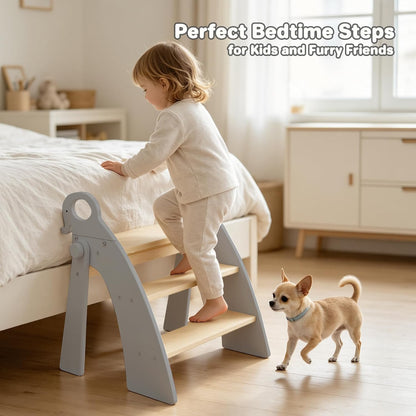 Wooden 2 Step Stool for Toddlers, Foldable 2-Step with Non-Slip Pads and Handles, Bamboo Step Stool for Kids Bathroom Sink and Potty Training, Kitchen Helper, Nursery Bedroom(Blue)