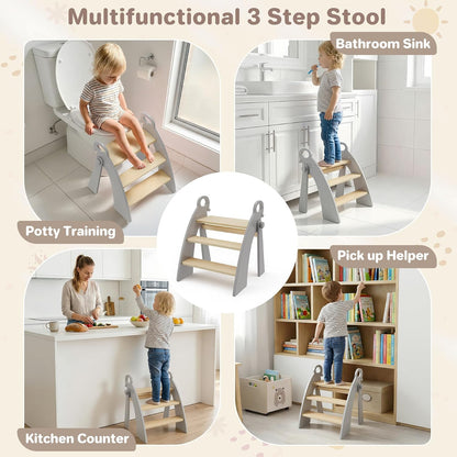 Wooden 2 Step Stool for Toddlers, Foldable 2-Step with Non-Slip Pads and Handles, Bamboo Step Stool for Kids Bathroom Sink and Potty Training, Kitchen Helper, Nursery Bedroom(Blue)