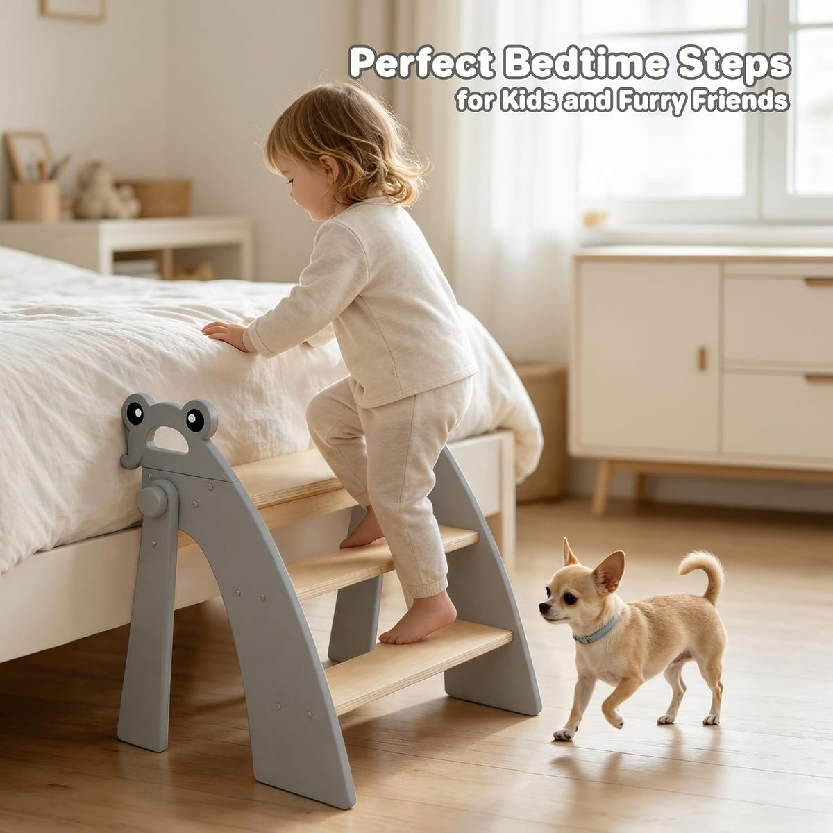 Wooden 2 Step Stool for Toddlers, Foldable 2-Step with Non-Slip Pads and Handles, Bamboo Step Stool for Kids Bathroom Sink and Potty Training, Kitchen Helper, Nursery Bedroom(Blue)