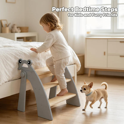 Wooden 2 Step Stool for Toddlers, Foldable 2-Step with Non-Slip Pads and Handles, Bamboo Step Stool for Kids Bathroom Sink and Potty Training, Kitchen Helper, Nursery Bedroom(Blue)
