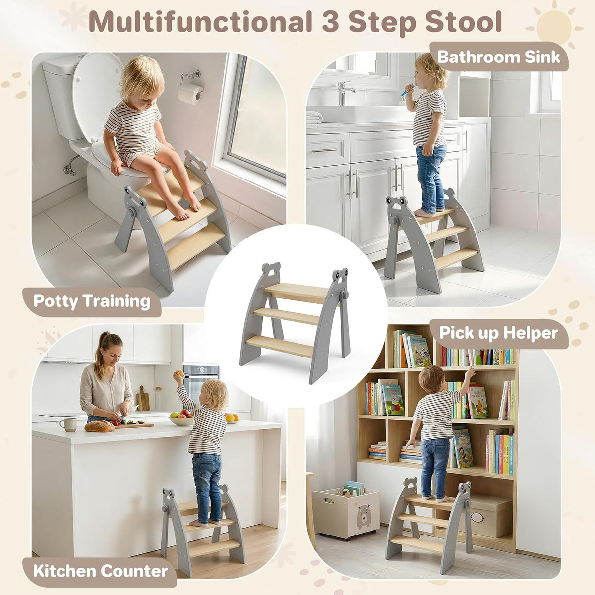 Wooden 2 Step Stool for Toddlers, Foldable 2-Step with Non-Slip Pads and Handles, Bamboo Step Stool for Kids Bathroom Sink and Potty Training, Kitchen Helper, Nursery Bedroom(Blue)