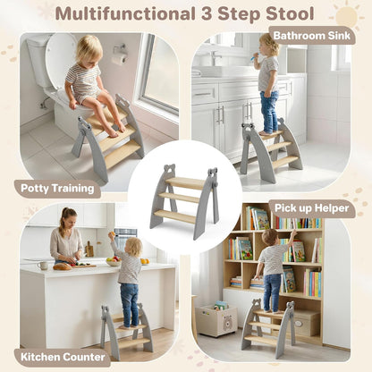 Wooden 2 Step Stool for Toddlers, Foldable 2-Step with Non-Slip Pads and Handles, Bamboo Step Stool for Kids Bathroom Sink and Potty Training, Kitchen Helper, Nursery Bedroom(Blue)