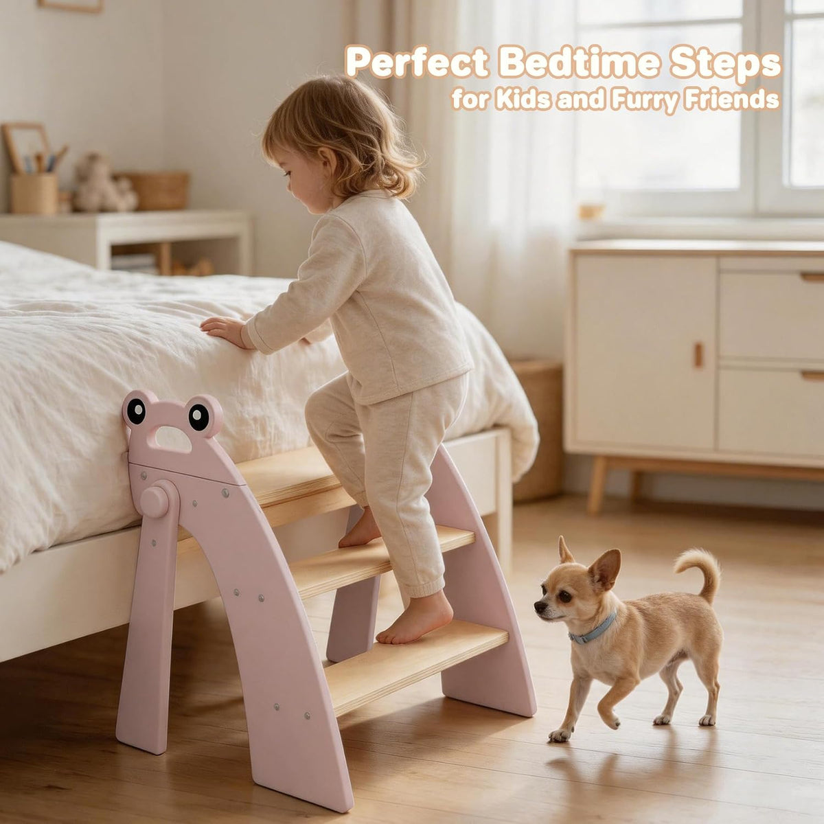 Wooden 2 Step Stool for Toddlers, Foldable 2-Step with Non-Slip Pads and Handles, Bamboo Step Stool for Kids Bathroom Sink and Potty Training, Kitchen Helper, Nursery Bedroom(Blue)
