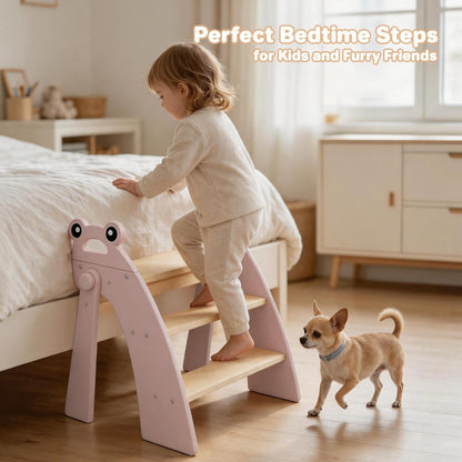 Wooden 2 Step Stool for Toddlers, Foldable 2-Step with Non-Slip Pads and Handles, Bamboo Step Stool for Kids Bathroom Sink and Potty Training, Kitchen Helper, Nursery Bedroom(Blue)