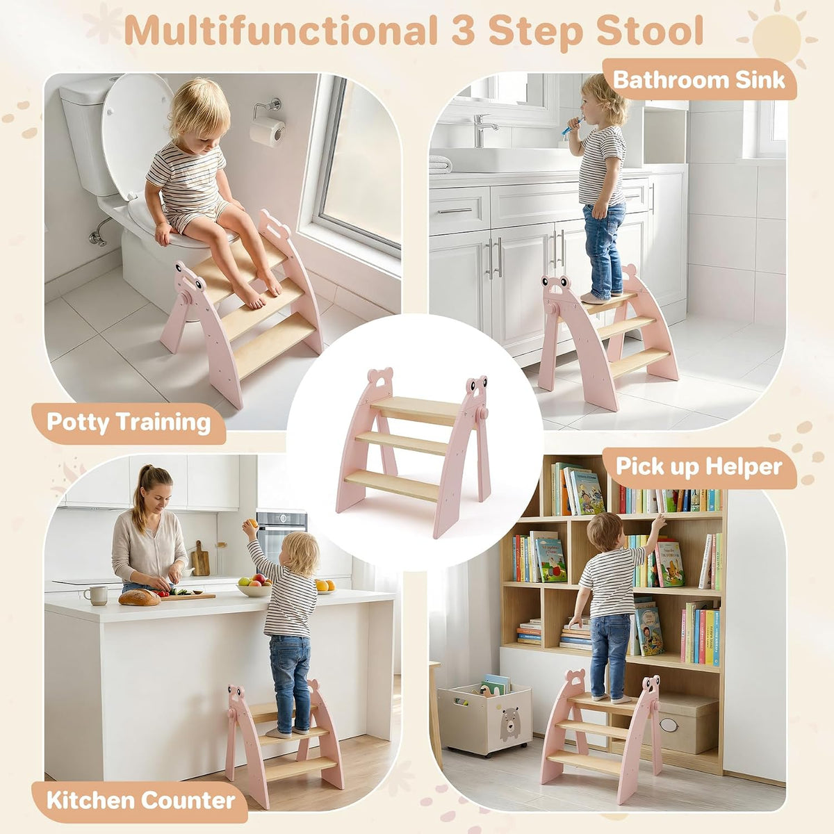 Wooden 2 Step Stool for Toddlers, Foldable 2-Step with Non-Slip Pads and Handles, Bamboo Step Stool for Kids Bathroom Sink and Potty Training, Kitchen Helper, Nursery Bedroom(Blue)