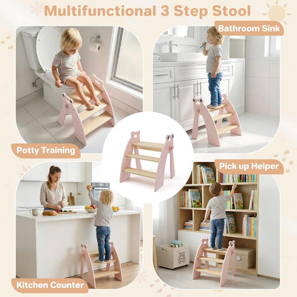 Wooden 2 Step Stool for Toddlers, Foldable 2-Step with Non-Slip Pads and Handles, Bamboo Step Stool for Kids Bathroom Sink and Potty Training, Kitchen Helper, Nursery Bedroom(Blue)