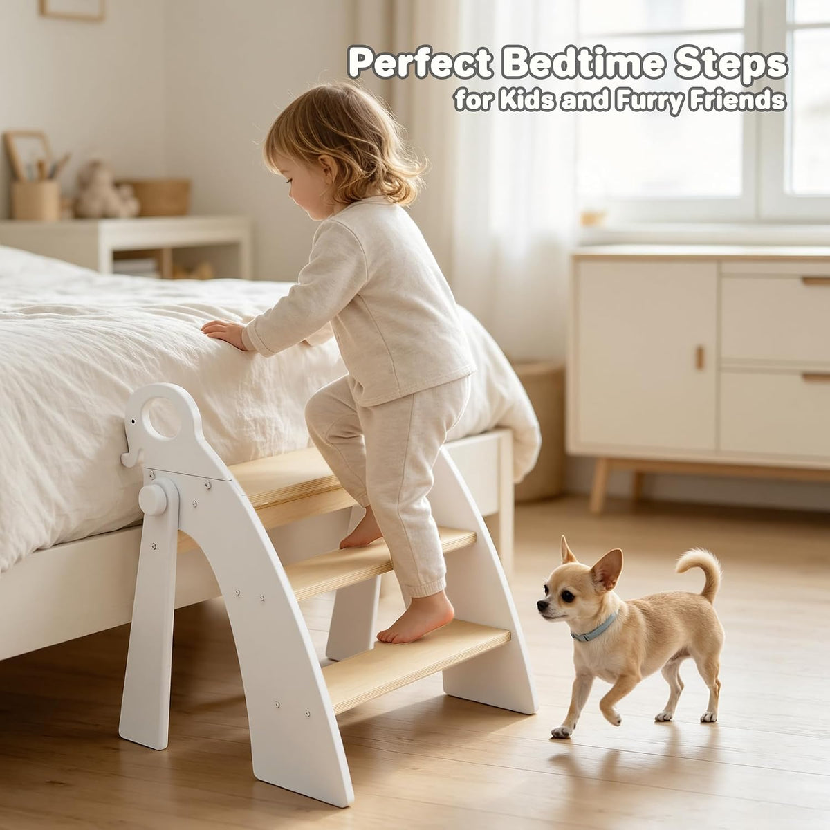 Wooden 2 Step Stool for Toddlers, Foldable 2-Step with Non-Slip Pads and Handles, Bamboo Step Stool for Kids Bathroom Sink and Potty Training, Kitchen Helper, Nursery Bedroom(Blue)