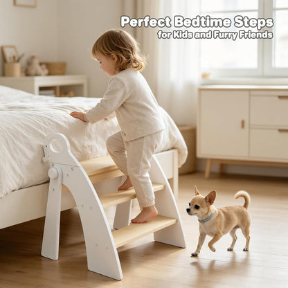 Wooden 2 Step Stool for Toddlers, Foldable 2-Step with Non-Slip Pads and Handles, Bamboo Step Stool for Kids Bathroom Sink and Potty Training, Kitchen Helper, Nursery Bedroom(Blue)
