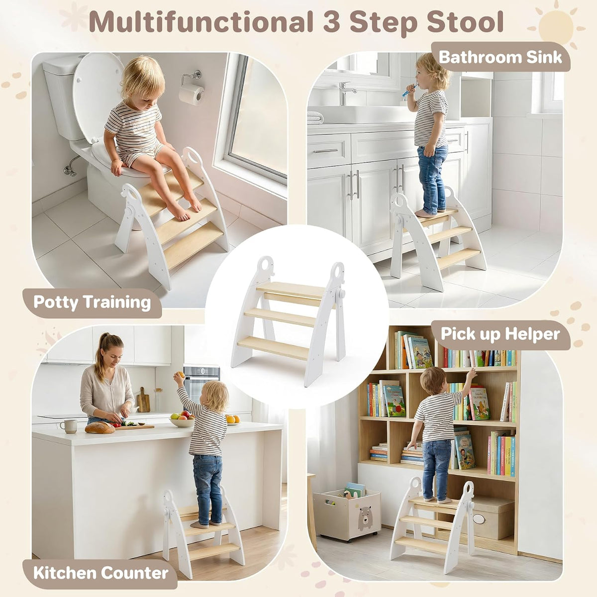 Wooden 2 Step Stool for Toddlers, Foldable 2-Step with Non-Slip Pads and Handles, Bamboo Step Stool for Kids Bathroom Sink and Potty Training, Kitchen Helper, Nursery Bedroom(Blue)
