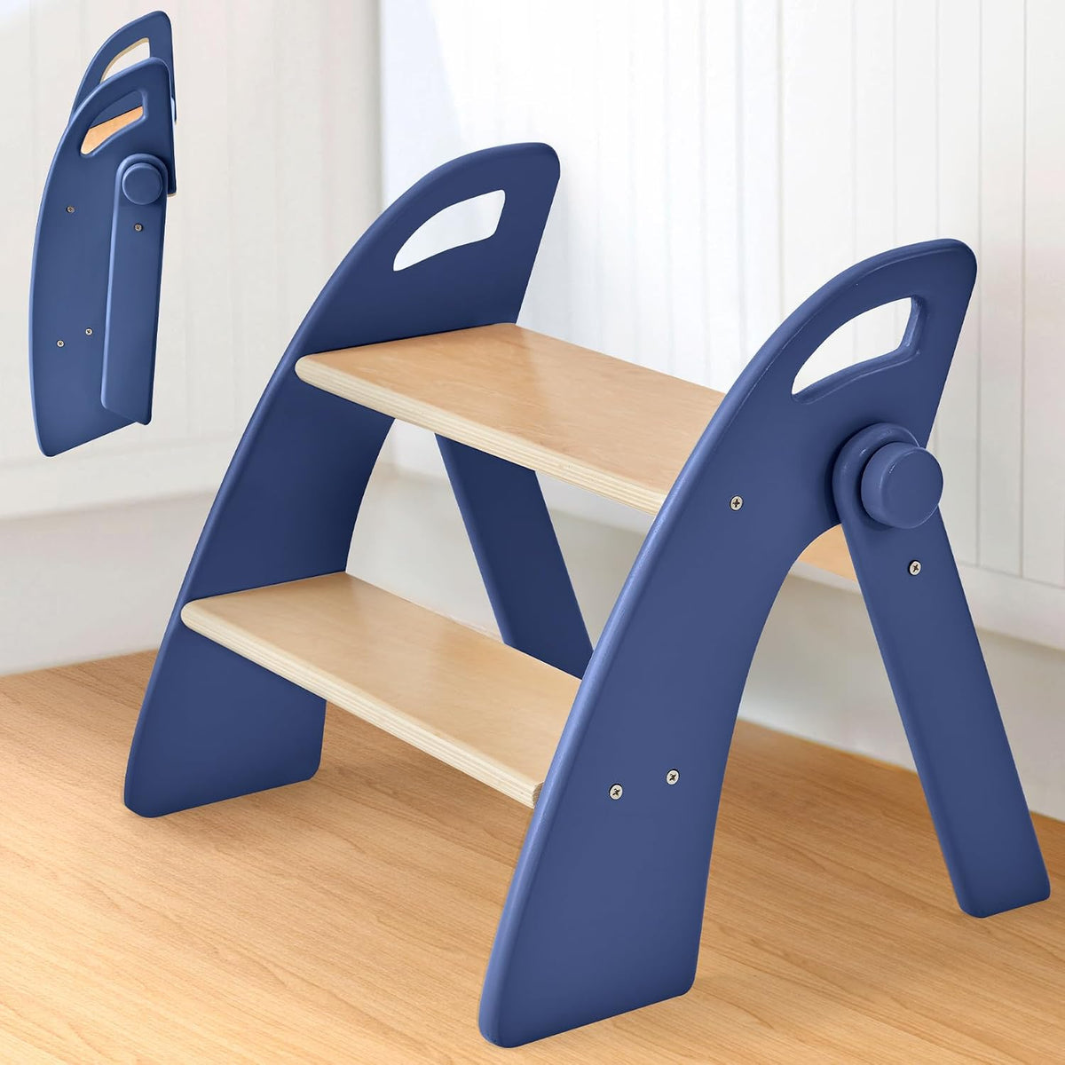 Wooden 2 Step Stool for Toddlers, Foldable 2-Step with Non-Slip Pads and Handles, Bamboo Step Stool for Kids Bathroom Sink and Potty Training, Kitchen Helper, Nursery Bedroom(Blue)