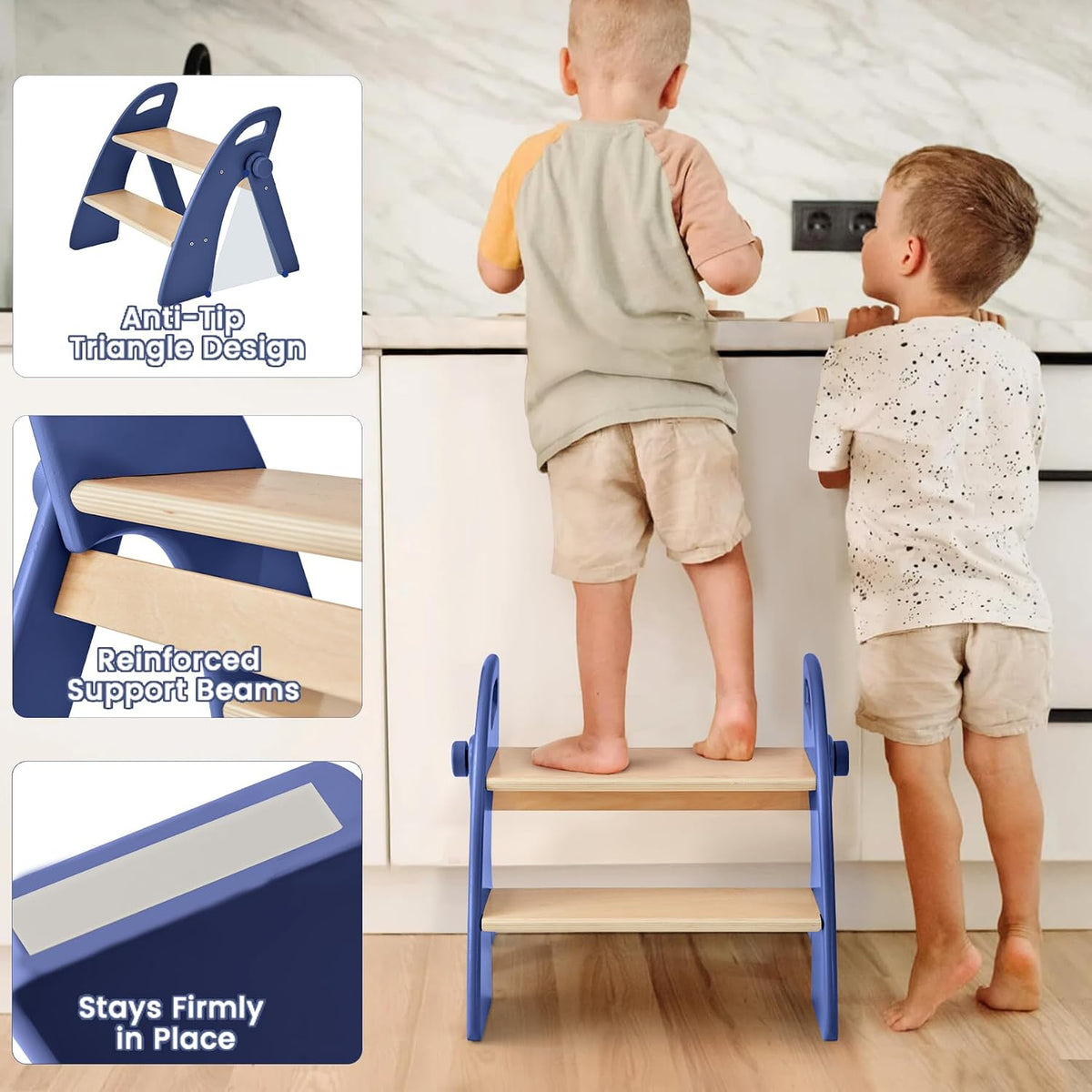 Wooden 2 Step Stool for Toddlers, Foldable 2-Step with Non-Slip Pads and Handles, Bamboo Step Stool for Kids Bathroom Sink and Potty Training, Kitchen Helper, Nursery Bedroom(Blue)