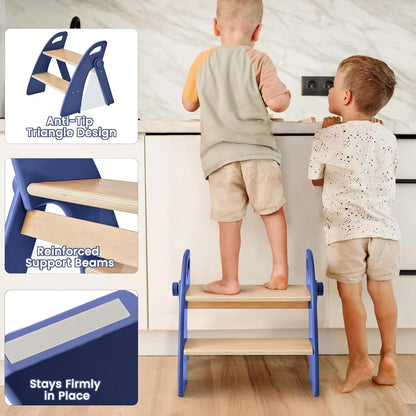 Wooden 2 Step Stool for Toddlers, Foldable 2-Step with Non-Slip Pads and Handles, Bamboo Step Stool for Kids Bathroom Sink and Potty Training, Kitchen Helper, Nursery Bedroom(Blue)