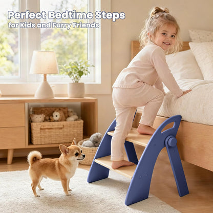 Wooden 2 Step Stool for Toddlers, Foldable 2-Step with Non-Slip Pads and Handles, Bamboo Step Stool for Kids Bathroom Sink and Potty Training, Kitchen Helper, Nursery Bedroom(Blue)