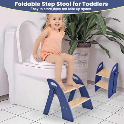 Wooden 2 Step Stool for Toddlers, Foldable 2-Step with Non-Slip Pads and Handles, Bamboo Step Stool for Kids Bathroom Sink and Potty Training, Kitchen Helper, Nursery Bedroom(Blue)