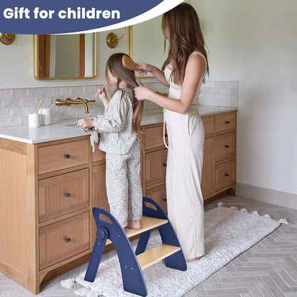 Wooden 2 Step Stool for Toddlers, Foldable 2-Step with Non-Slip Pads and Handles, Bamboo Step Stool for Kids Bathroom Sink and Potty Training, Kitchen Helper, Nursery Bedroom(Blue)