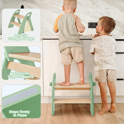 Wooden 2 Step Stool for Toddlers, Foldable 2-Step with Non-Slip Pads and Handles, Bamboo Step Stool for Kids Bathroom Sink and Potty Training, Kitchen Helper, Nursery Bedroom(Blue)