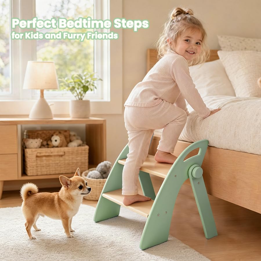 Wooden 2 Step Stool for Toddlers, Foldable 2-Step with Non-Slip Pads and Handles, Bamboo Step Stool for Kids Bathroom Sink and Potty Training, Kitchen Helper, Nursery Bedroom(Blue)