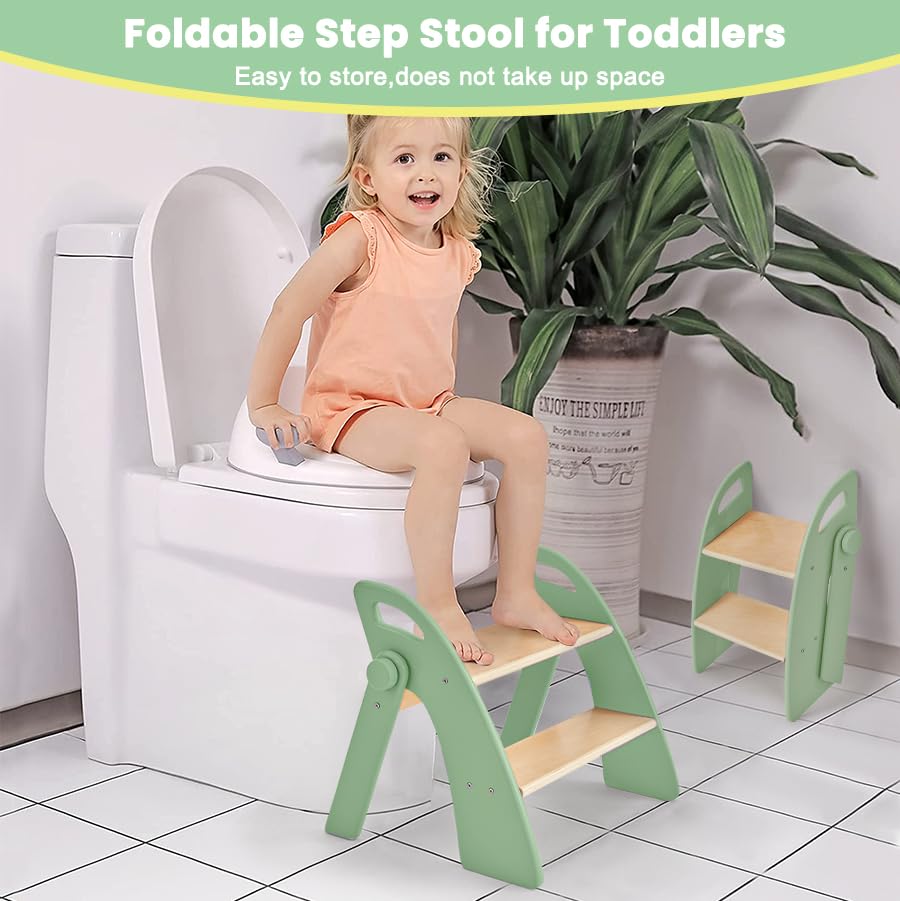 Wooden 2 Step Stool for Toddlers, Foldable 2-Step with Non-Slip Pads and Handles, Bamboo Step Stool for Kids Bathroom Sink and Potty Training, Kitchen Helper, Nursery Bedroom(Blue)