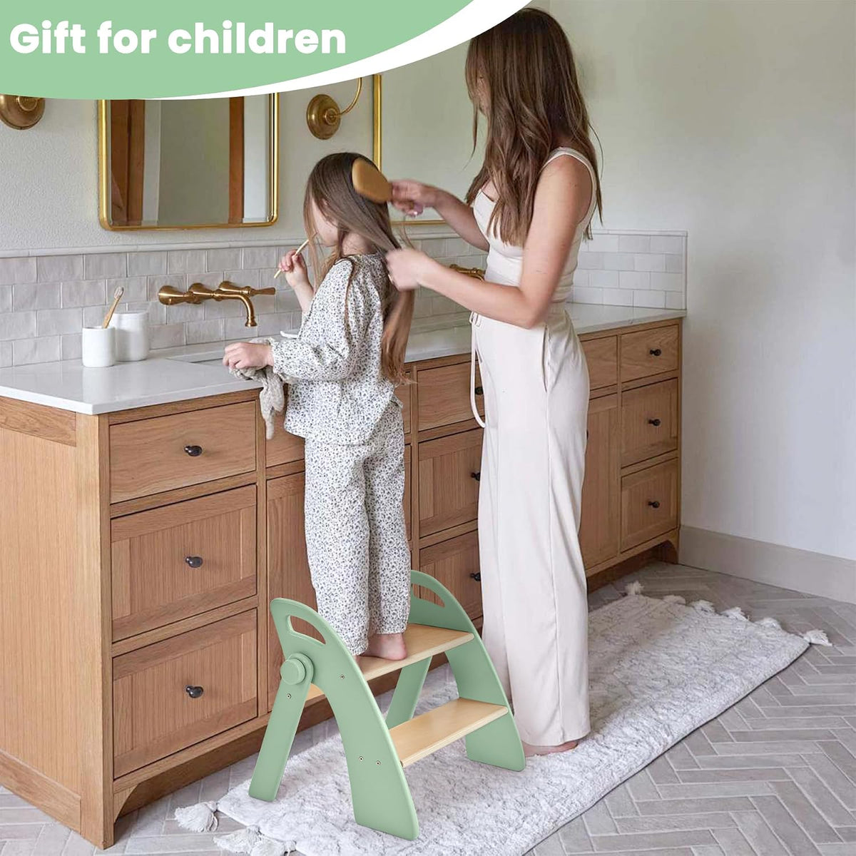 Wooden 2 Step Stool for Toddlers, Foldable 2-Step with Non-Slip Pads and Handles, Bamboo Step Stool for Kids Bathroom Sink and Potty Training, Kitchen Helper, Nursery Bedroom(Blue)