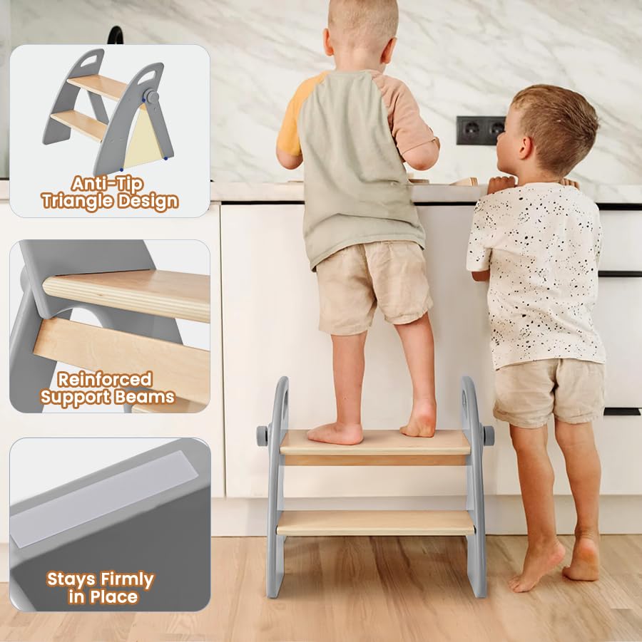 Wooden 2 Step Stool for Toddlers, Foldable 2-Step with Non-Slip Pads and Handles, Bamboo Step Stool for Kids Bathroom Sink and Potty Training, Kitchen Helper, Nursery Bedroom(Blue)