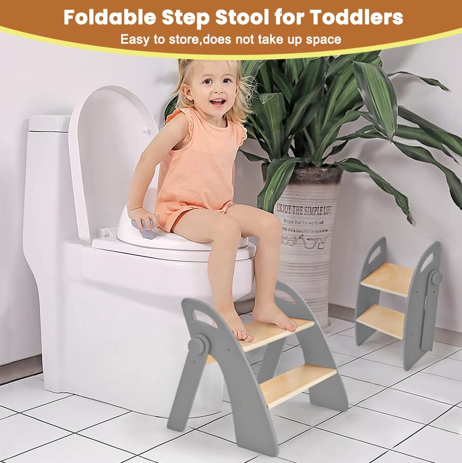 Wooden 2 Step Stool for Toddlers, Foldable 2-Step with Non-Slip Pads and Handles, Bamboo Step Stool for Kids Bathroom Sink and Potty Training, Kitchen Helper, Nursery Bedroom(Blue)