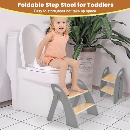 Wooden 2 Step Stool for Toddlers, Foldable 2-Step with Non-Slip Pads and Handles, Bamboo Step Stool for Kids Bathroom Sink and Potty Training, Kitchen Helper, Nursery Bedroom(Blue)