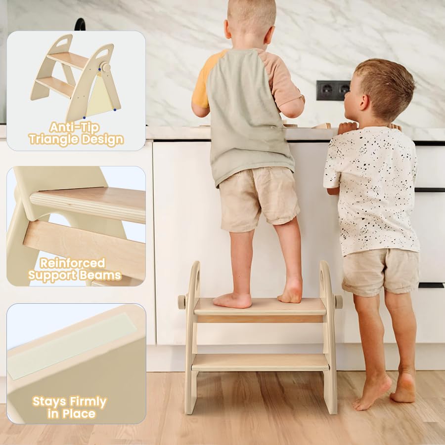 Wooden 2 Step Stool for Toddlers, Foldable 2-Step with Non-Slip Pads and Handles, Bamboo Step Stool for Kids Bathroom Sink and Potty Training, Kitchen Helper, Nursery Bedroom(Blue)