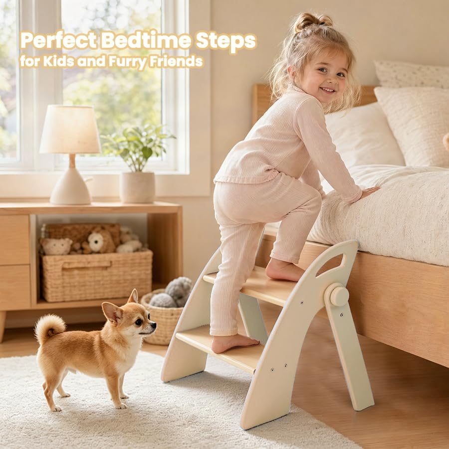 Wooden 2 Step Stool for Toddlers, Foldable 2-Step with Non-Slip Pads and Handles, Bamboo Step Stool for Kids Bathroom Sink and Potty Training, Kitchen Helper, Nursery Bedroom(Blue)